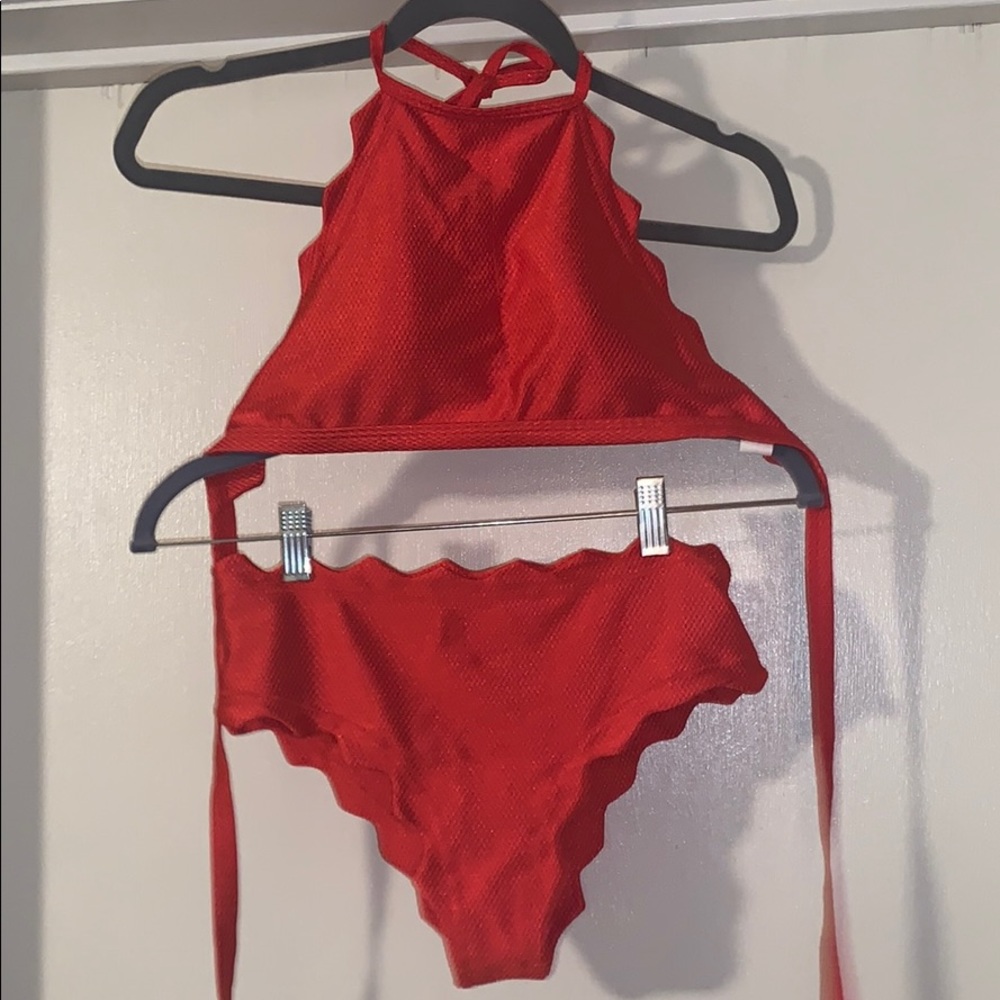 Red two piece swimsuit